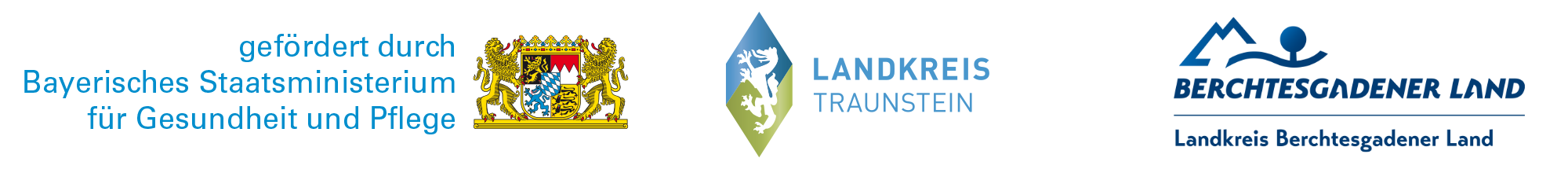 Logos Landkreis Traunstein und Berchtesgadener Land mit Hinweis gefördert durch Bayerisches Staatsministerium für Gesundheit und Pflege